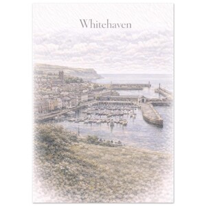 May include: A watercolor print of Whitehaven, featuring a coastal town with a harbor filled with boats. The image shows a detailed view of buildings, docks, and the sea under a cloudy sky. The word "Whitehaven" is printed at the top.