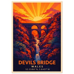 May include: A vertical art print featuring a stone arch bridge over a waterfall, surrounded by dense foliage in shades of orange, red, and purple. A bright sunburst glows in the sky above. Text reads: DEVILS BRIDGE WALES 52.3586 N, 3.8437 W.