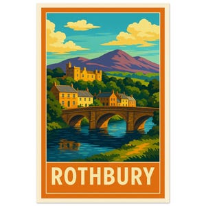 Op de afbeelding: Een retro reisposter met Rothbury. De afbeelding toont een stenen brug over een rivier, met gebouwen en een kasteel op de achtergrond. De lucht is blauw met wolken, en het woord "ROTHBURY" staat onderaan.