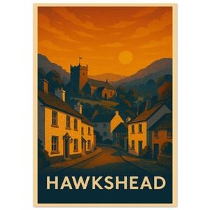 May include: A vintage-style travel poster featuring the town of Hawkshead. The artwork depicts a street lined with buildings, a church on a hill, and a sunset sky. The poster has a warm color palette of orange, yellow, and blue.