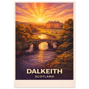 May include: A vintage-style travel poster featuring a scenic view of Dalkeith, Scotland. The artwork depicts a stone bridge over a river, a large building, and a sunset with vibrant orange and yellow hues. The text "DALKEITH SCOTLAND" is at the bottom.