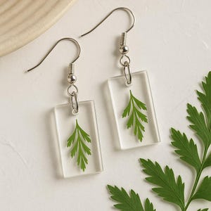 Natural pressed fern rectangle dangle earrings