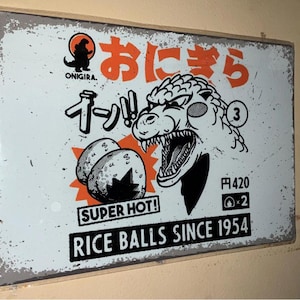 Plaque en étain publicitaire pour restaurant/boulettes de riz traditionnelles japonaises vintage incroyablement unique ft. Godzilla