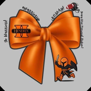 May include: A digital illustration featuring a large orange bow with the text "#warriorup" and "Conway!" The bow has the Hendrix logo in the center. A cartoon warrior and football helmet are also included.