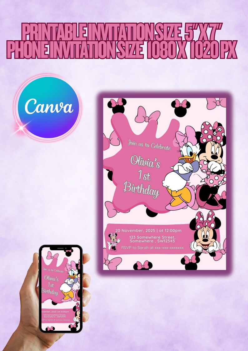 Editable Minnie Mouse Birthday Invitation | Canva Template | 5"x7 ...