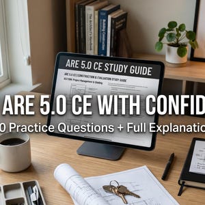 May include: A tablet showing "ARE 5.0 CE STUDY GUIDE" and the text "PASS ARE 5.0 CE WITH CONFIDENCE". The image features a coffee mug, notebook, pens, and architectural plans on a wooden desk. The text also includes "100 Practice Questions + Full Explanations".