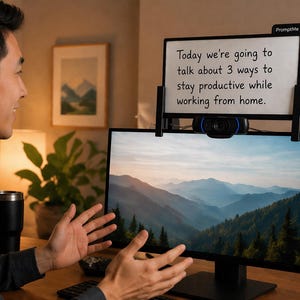 May include: A person is gesturing in front of a computer monitor displaying a mountain landscape. Above the monitor is a whiteboard with the text: "Today we're going to talk about 3 ways to stay productive while working from home."
