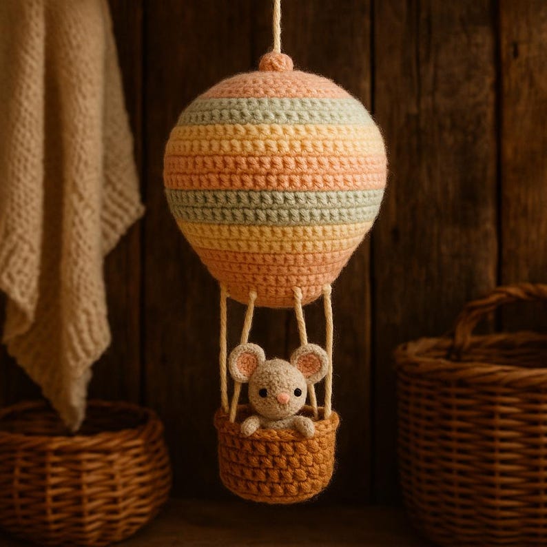 Puede incluir: Un globo aerost&aacute;tico de ganchillo hecho a mano en colores pastel rosa, amarillo y azul. Un peque&ntilde;o rat&oacute;n marr&oacute;n claro est&aacute; sentado en la cesta adjunta. El globo est&aacute; suspendido por una cuerda blanca, creando una pieza decorativa caprichosa.