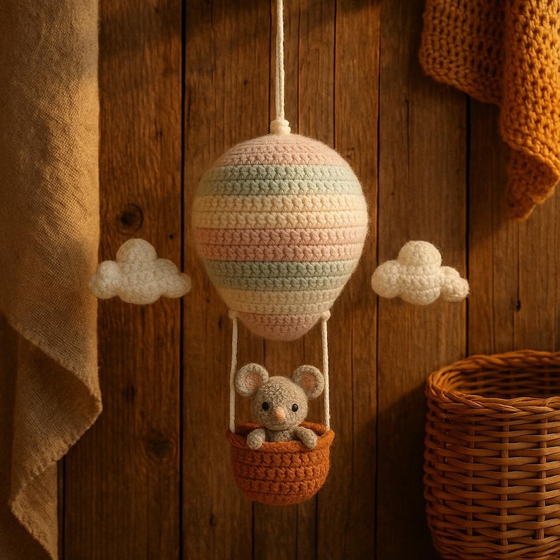 Puede incluir: M&oacute;vil de globo aerost&aacute;tico de ganchillo hecho a mano con un rat&oacute;n en una cesta. El globo est&aacute; a rayas con colores pastel y la cesta es naranja. Dos nubes blancas de ganchillo est&aacute;n a cada lado del globo. El fondo es una pared de madera.