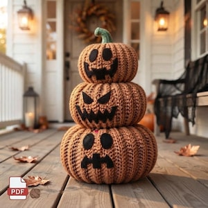 May include: A stack of three crocheted pumpkins in varying sizes, each featuring a different black felt jack-o'-lantern face. The pumpkins are textured with vertical ridges in a warm orange yarn, topped with a small green stem on the top pumpkin.
