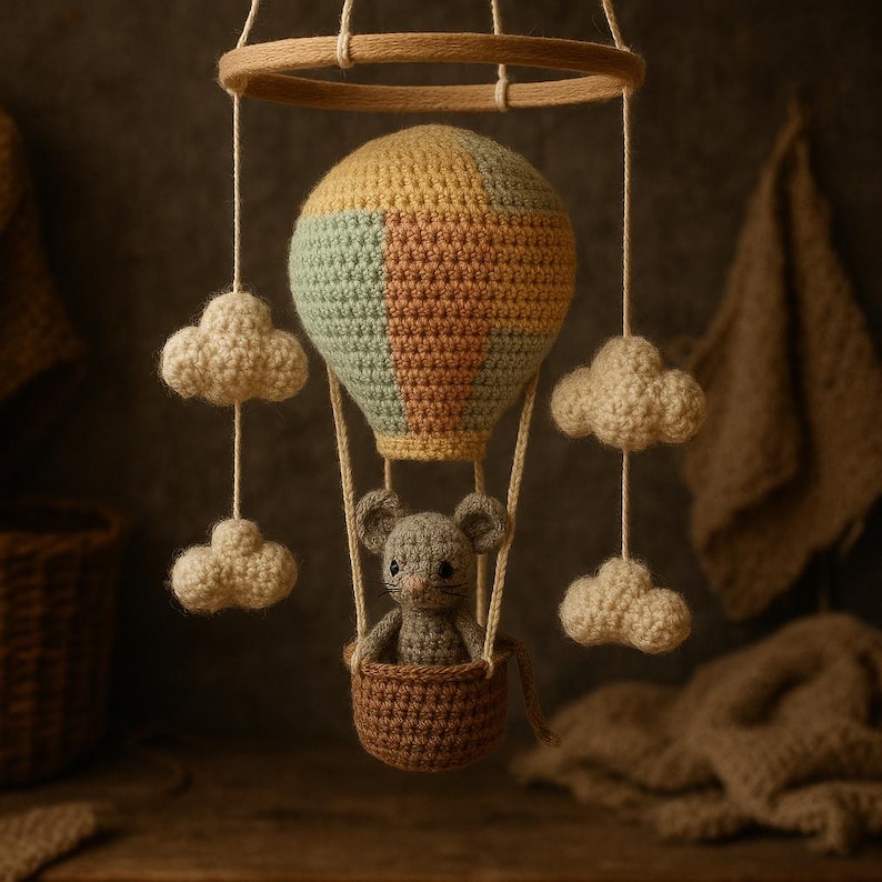 Puede incluir: M&oacute;vil de beb&eacute; hecho a mano con un globo aerost&aacute;tico de ganchillo amarillo, verde y marr&oacute;n. Un rat&oacute;n gris est&aacute; sentado en la cesta marr&oacute;n, y nubes color crema cuelgan debajo. El m&oacute;vil est&aacute; suspendido de un anillo de madera.