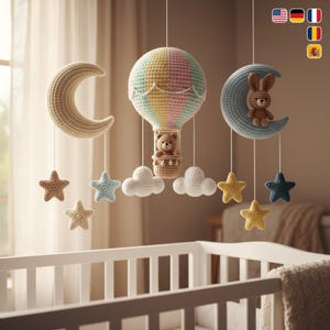 Set di decorazioni fai da te per la cameretta dei bambini con luna, stelle, mongolfiera e coniglietto all'uncinetto / 4 lingue