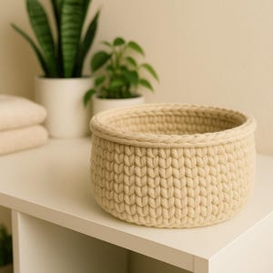 May include: A cream-coloured, round crochet basket with a thick, textured weave. The basket has a sturdy, rolled rim and sits on a white surface. The background includes potted plants, suggesting a home decor theme.