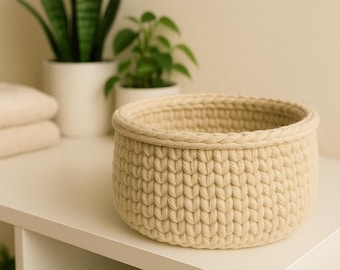 Peut inclure: Un panier rond en crochet de couleur crème avec un tissage épais et texturé. Le panier a un bord roulé robuste et repose sur une surface blanche. L'arrière-plan comprend des plantes en pot, suggérant un thème de décoration intérieure.