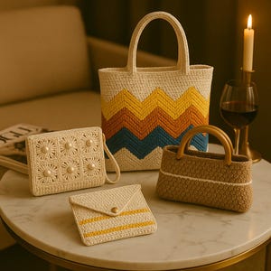 Peut inclure: Ensemble de sacs et accessoires crochetés. Le plus grand sac présente un motif en chevrons jaune, orange, bleu et blanc. D'autres articles incluent un petit sac à main avec des perles, un petit sac à main et un portefeuille à rayures jaunes.