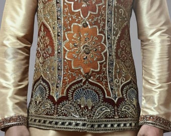 刺繍入りベストクルタセット：アンティークゴールドシルクブレンド