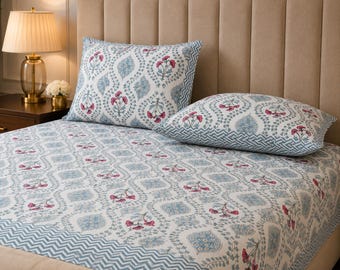 Blue Pink Floral Cotton Bedsheet | King Size Bedding Set | Indian Block Print Bed Sheet | Botanical Cotton Bedding | 2 Pillow Covers