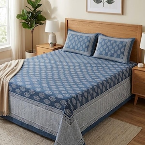 Blue Block Print King Size Bedsheet, Floral Printed Bed Sheet 100 x 108 in, 2 Pillow Covers, Indian Bedding