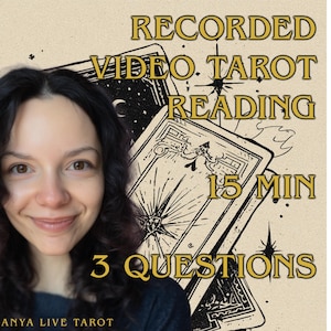 May include: A woman smiles in front of a background with tarot cards and text that reads "Recorded Video Tarot Reading 15 Min 3 Questions". The text is in a gold color.