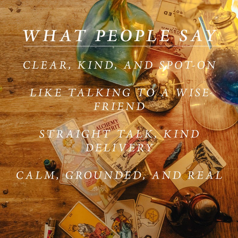 May include: A collection of tarot cards, glass bottles, and a lit candle on a wooden surface. The text "WHAT PEOPLE SAY" and other phrases like "CLEAR, KIND, AND SPOT-ON" are visible, suggesting a spiritual or divination theme.