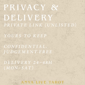 May include: A beige background with white text that reads "PRIVACY & DELIVERY", "PRIVATE LINK (UNLISTED)", "YOURS TO KEEP", "CONFIDENTIAL, JUDGEMENT-FREE", and "DELIVERY 24-48H (MON-SAT)". The text "ANYA LIVE TAROT" is at the bottom.