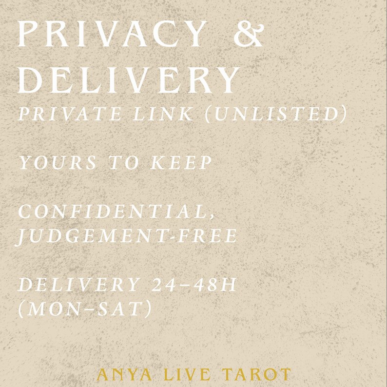 May include: A beige background with white text that reads "PRIVACY & DELIVERY", "PRIVATE LINK (UNLISTED)", "YOURS TO KEEP", "CONFIDENTIAL, JUDGEMENT-FREE", and "DELIVERY 24-48H (MON-SAT)". The text "ANYA LIVE TAROT" is at the bottom.