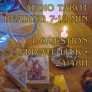 May include: Image of a tarot reading setup with a lit candle, tarot cards, and text overlay. The text reads "AUDIO TAROT READING 7-10 MIN 1 QUESTION PRIVATE LINK 24-48H". The tarot cards are in a box labeled "Alchemy of the Spirit".