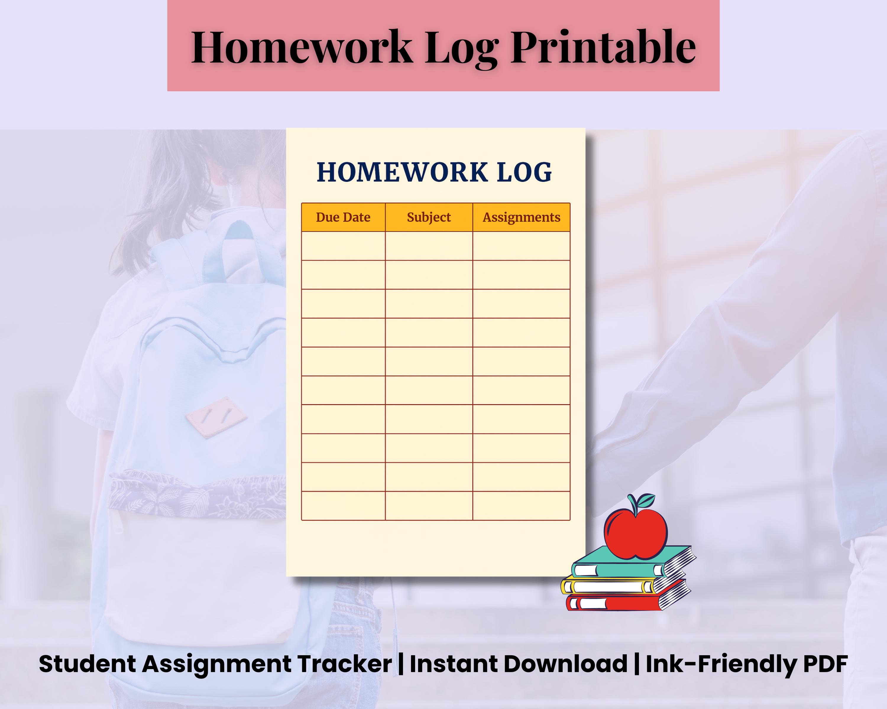 Homework Log Printable | Student Assignment Tracker | Back to School ...