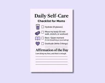 Daily Self Care Checklist for Moms | Printable Wellness Planner | Instant Download