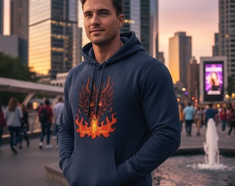 Flaming Demon Sweatshirt – Unisex Fire Graphic Crewneck Pullover, Gothic Streetwear Sweater, Dark Fantasy Gift
