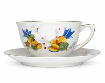 Piattino da tazza Zeh Scherzer: porcellana con decorazioni floreali Art Déco e bordo dorato, prodotto in Germania.