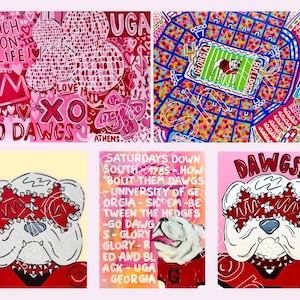 May include: A collection of colorful artwork featuring the University of Georgia Bulldogs. The pieces include a stadium view, a bulldog mascot, and text that says "Go Dawgs!" and "UGA". The artwork is in shades of red, pink, and white.