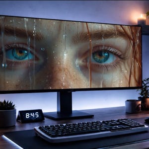 May include: A computer workstation with a wide monitor showing a close-up of eyes with water droplets. A keyboard, mouse, and digital clock displaying 8:45 are on the desk. The scene is lit by candles and ambient lighting.