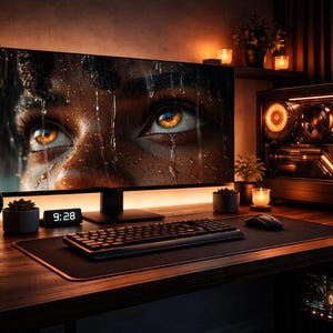 Puede incluir: Una moderna configuración informática con un monitor grande que muestra un primer plano de un ojo con gotas de agua. El escritorio incluye un teclado, un ratón, auriculares y una torre de PC con iluminación naranja. Un reloj digital muestra la hora.