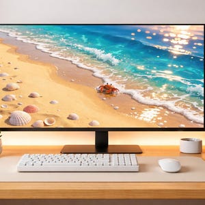 May include: A desk setup featuring a computer monitor showing a beach scene. A white keyboard, mouse, and headphones are present. A small speaker and a vase with dried plants are also visible on the desk.