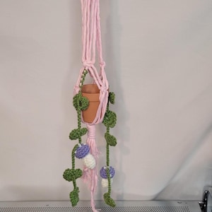 Small Pink Macrame Plant Holder with Crochet Purple Mushrooms and Green Leaves