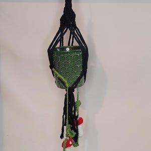 Small Macrame Plant Holder with Crochet Mushrooms and Leaves
