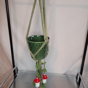 Large Green Macrame Plant Holder with Crochet Red Mushrooms and Green Leaves