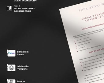 Ansiktsbehandlingsformulär | Kundintag, Samtycke | Redigerbar Canva-mall i PDF-format för spa och hudterapeuter