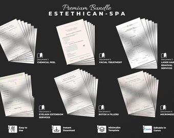 May include: A bundle of six documents for esthetician services, including chemical peels, facial treatments, laser hair removal, eyelash extensions, Botox, and microneedling. The documents are in a minimalist template and are editable in Canva.