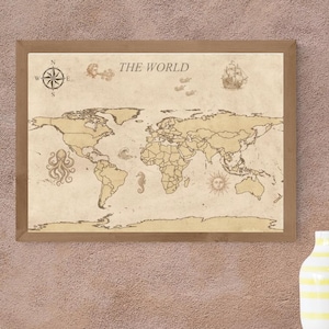 Vintage World Map Poster | Antique Style Horizontal Wall Art | Digital Download