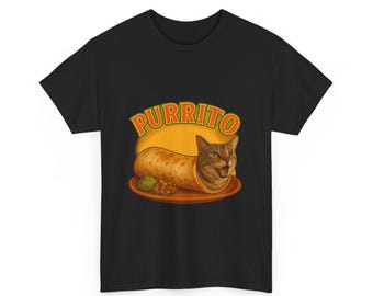 May include: Black t-shirt with a humorous design of a cat inside a burrito, with the word "PURRITO" in orange and yellow. The image includes a plate with guacamole and salsa. A fun, food-themed graphic tee.