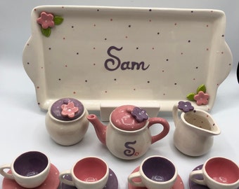 Child’s personalized Tea Set “Tiny Pink & purple blossoms “