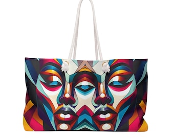 Abstract Color Block Geometric Faces Weekender | Colorful Tribal Art Travel Bag