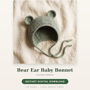 Baby Bonnet Crochet Pattern PDF | Bear Ear Newborn Bonnet | Easy Beginner Crochet Hat Pattern | Instant Download