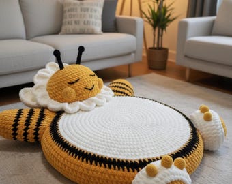 Life Size Sleeping Honeybee Floor Cushion - Crochet bee bean bag - Plush Amigurumi pillow and Chair Pattern - PDF Download