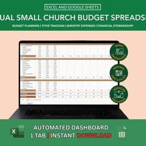May include: A laptop displaying an Excel spreadsheet titled "Annual Small Church Budget Spreadsheet." The green banner at the top reads "Excel and Google Sheets." The spreadsheet includes budget planning, tithe tracking, and ministry expenses. Additional features include an automated dashboard and instant download.