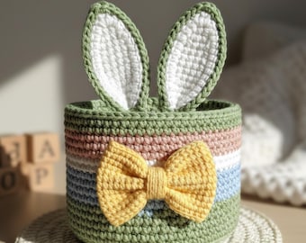 Crochet Easter Bow Bunny Basket Pattern | Rabbit Storage | Beginner Amigurumi | Nursery Gift | Spring Decor | Bunny Bag | PDF Download