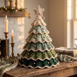 May include: A conical crochet Christmas tree featuring tiered, scalloped layers in a gradient of green shades, from light sage to dark forest green. The tree is topped with a cream-colored star and decorated with small, metallic copper-toned beads.