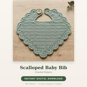 Scalloped Baby Bib Crochet Pattern | Triangle Baby Bib PDF | Newborn to Toddler Sizes | Button Closure Bib | Instant Download